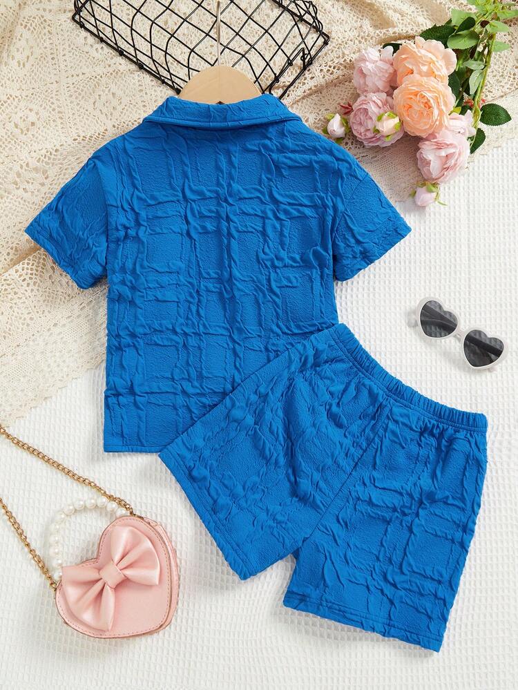 Young Girls Solid Color Textured Button-Down Shirt And Shorts Two-Piece Set