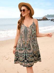 SHEIN VCAY 大码波西米亚风女式度假印花吊带连衣裙，夏季女式沙滩裙 - 彩色 - 查看 6