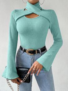 SHEIN Essnce Women's Solid Color Hollow Out Ribbed Bell Sleeve T-Shirt - Green - View 6