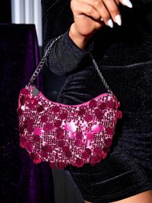 SHEIN SXY Fashionable Ladies' Pink Beaded Clutch, Handbag For Events Or Evening Parties - Hot Pink - View 2