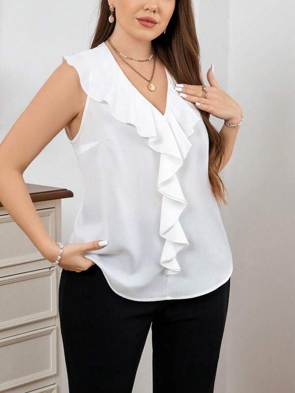 SHEIN Privé Plus Size Solid Color Ruffled Elegant Sleeveless Shirt