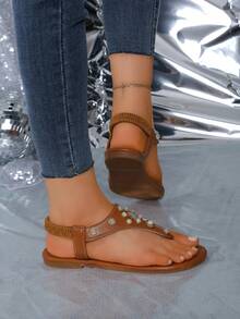 女款平底涼鞋夏季丁字褲串珠圓頭大尺碼棕色時尚百搭平底涼鞋 - 棕色 - 查看 5