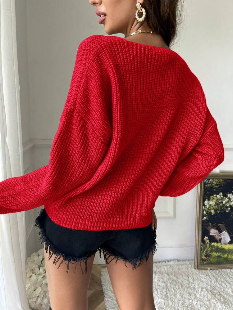 Women's Solid Color V-Neck Ribbed Knit Sweater,Long Sleeve Tops In Fall/Winter Christmas Red New Year Casual Valentine's Day