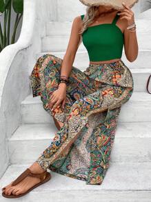 Breezaya Của phụ nữ Màu thuần Cami ngọn Và Phong cách nghỉ dưỡng Rộng chân Quần Bộ - màu xanh lá - Xem 6