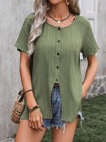 SHEIN Clasi Blusa De Manga Corta Raglán Con Botones - Verde - Ver 3
