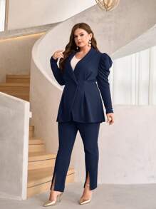 Modelyn 大尺碼女單排扣羊腿袖外套開衩褲套裝 - 藏蓝色 - 查看 1