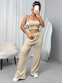 SHEIN Unity Conjunto De Dos Piezas: Top Sin Tirantes Y Pantalones Procesados ​​de Color Sólido - Caqui - Ver 6