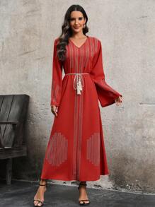 Modelyn 女式水鑽裝飾喇叭袖連身裙 - 橘色 - 查看 5