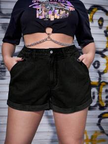SHEIN ICON Pantalones cortos de mezclilla con dobladillo enrollado talla grande para mujer