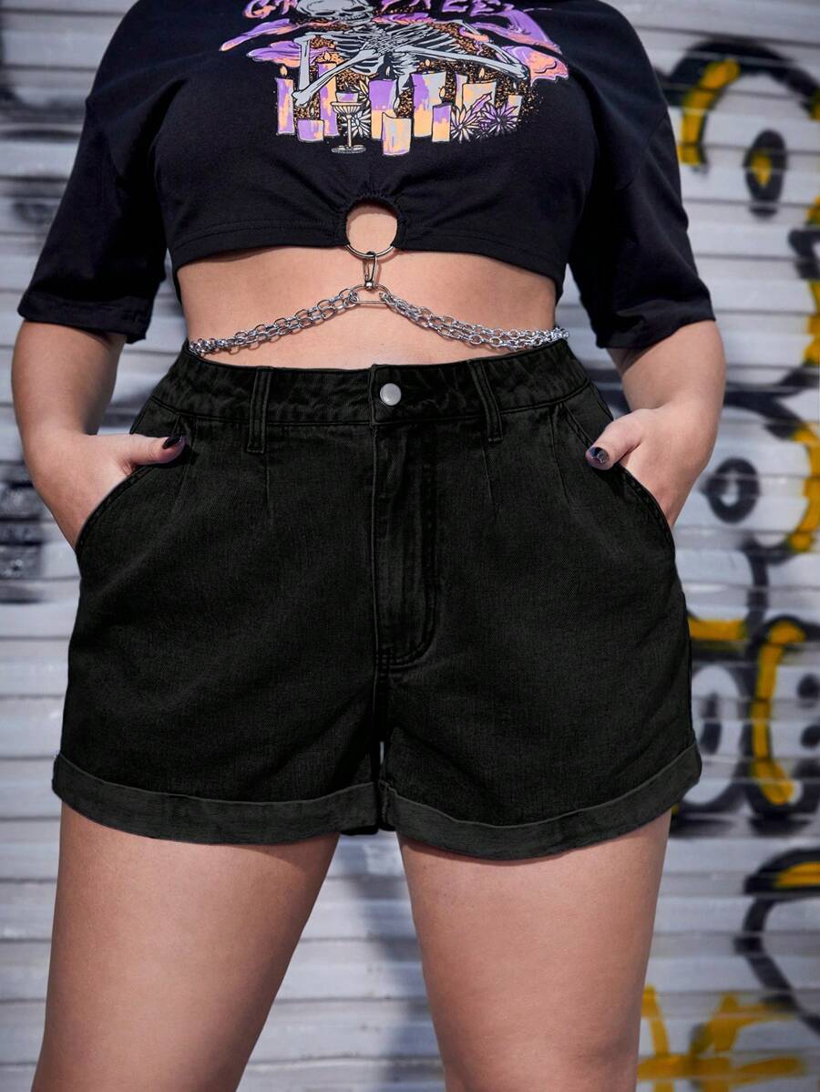 SHEIN ICON Pantalones cortos de mezclilla con dobladillo enrollado talla grande para mujer