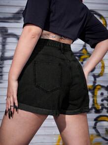 SHEIN ICON Pantalones cortos de mezclilla con dobladillo enrollado talla grande para mujer