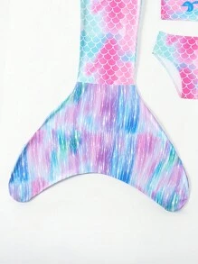 Young Girl Mermaid Three-Piece Swimwear Including Fishtail Dress-Up Cover Up - Blue - View 7