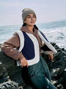 In My Nature Ladies'winter Outdoor Vest Jacket With Raw Edges Patchwork,Warm Vest For Autumn And Winter - Navy Blue - View 6