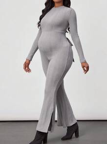 SHEIN 孕婦著用扭結肋紋連體褲,後背線條剪裁設計