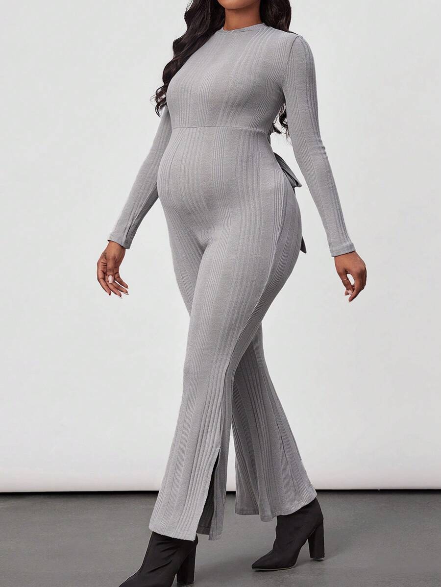 SHEIN 孕婦著用扭結肋紋連體褲,後背線條剪裁設計