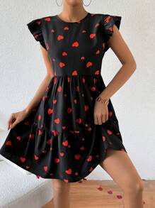 SHEIN Privé 女款 Love 印花荷葉邊下擺連身裙