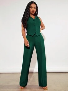 SHEIN SXY Ladies' Solid Color Sleeveless Pants Suit In Fall/Winter - Dark Green - View 5