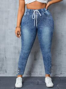 SHEIN SXY 大尺碼女式抽繩腰牛仔褲 - 中等水洗藍 - 查看 4