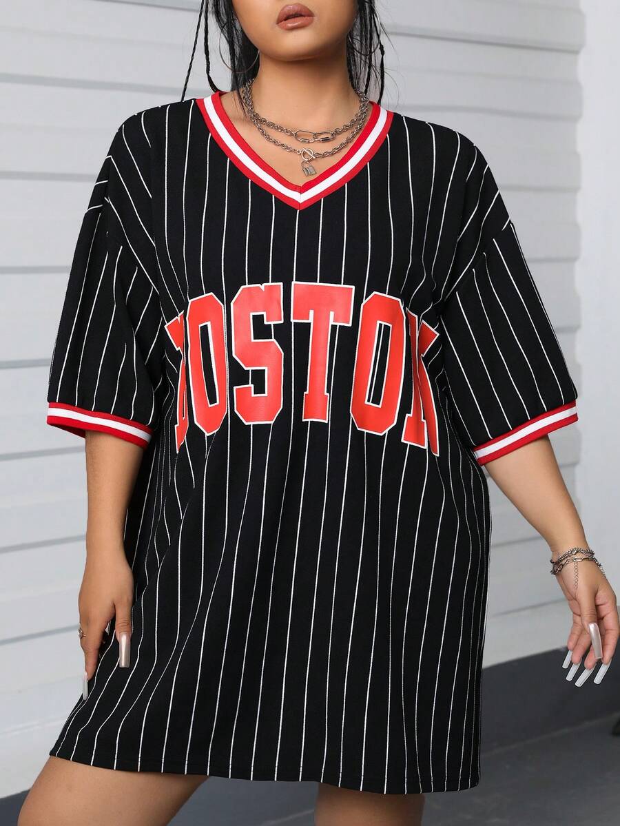 CovetEZ Của phụ nữ Kích thước lớn Lá thư In sọc Đầm - Nhiều màu - Xem 1