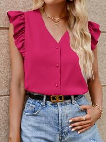 SHEIN Clasi 女士V领条纹荷叶袖衬衫 夏季女式衬衫 - 玫紅色 - 查看 3