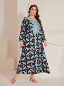 Al Najma Plus Size Women's Lace Splicing All Over Print Dress