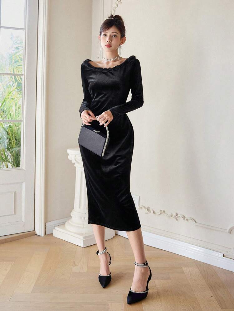 Women'S Velvet Dress With Fur Collar,Fall Dress Long Sleeve Dress