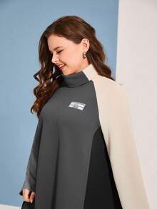 Mulvari Kích thước lớn Màu sắc Chặn Ống cổ Raglan Tay áo dài Đầm - Màu xám đen - Xem 5