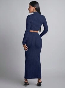 SHEIN PETITE 露脐短袖上衣＆筆裙 - 藏蓝色 - 查看 2