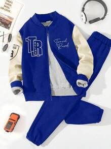 SHEIN 男小童字母圖案飛行員夾克和運動褲 - 彩色 - 查看 1