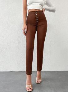 EURMUSE Button-Down Skinny Jeans - Brown - View 5