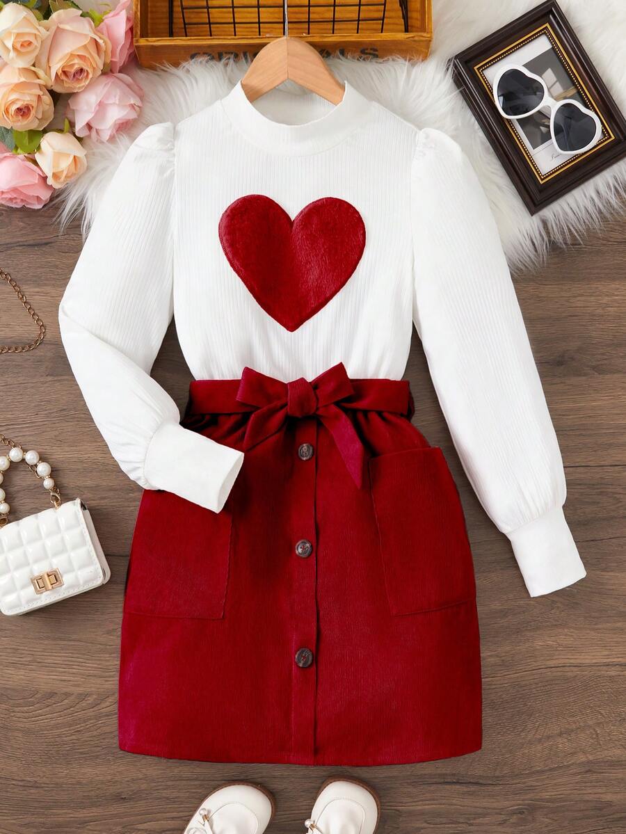 SHEIN Conjunto De Dos Piezas De Con Bordado De Corazón De Amor Y Franela Para Niñas Jóvenes - Rojo - Ver 1