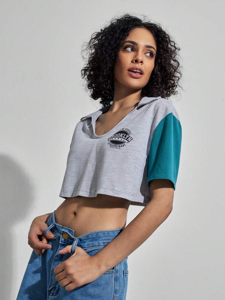 Vintage Style College Crew Neck Color Block Letter Print Cropped T-Shirt