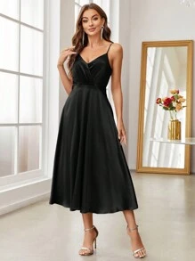 SHEIN Belle Women's Solid Color Spaghetti Strap Dress, Semi Formal Dress - Black - View 1