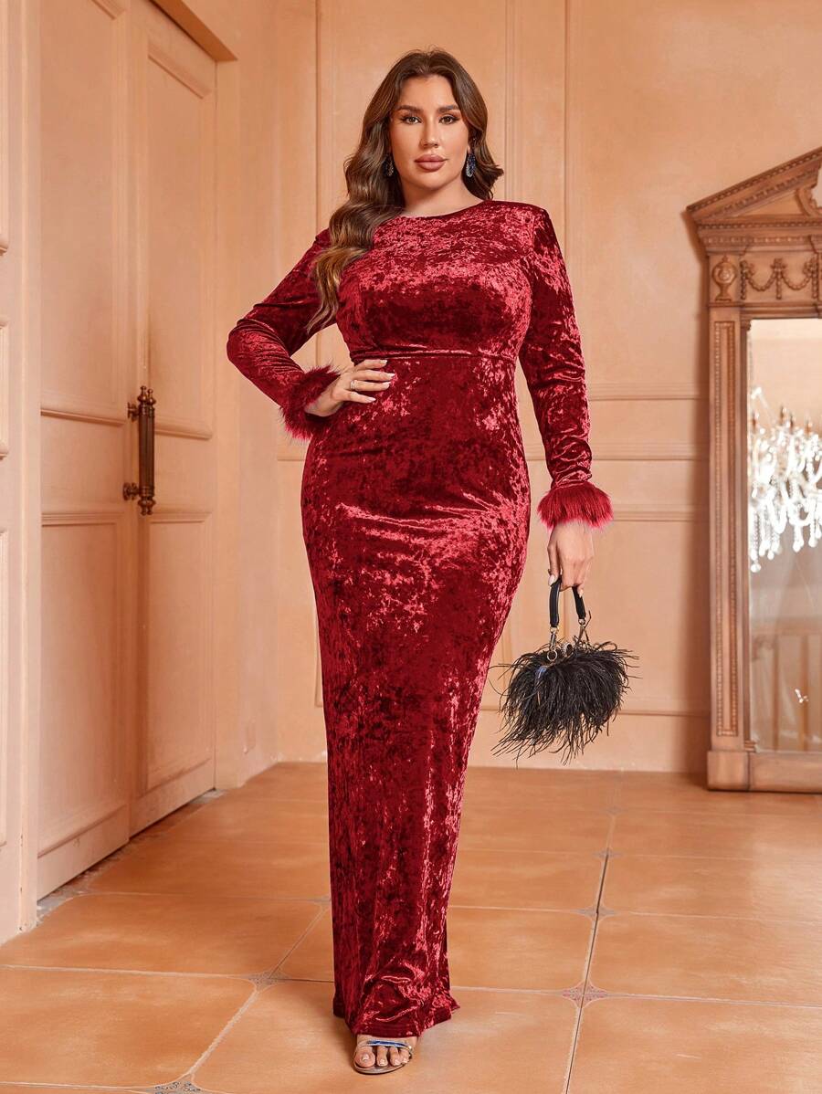 SHEIN Belle Plus Size Fuzzy Cuff Velvet Bodycon Dress - Red - View 1