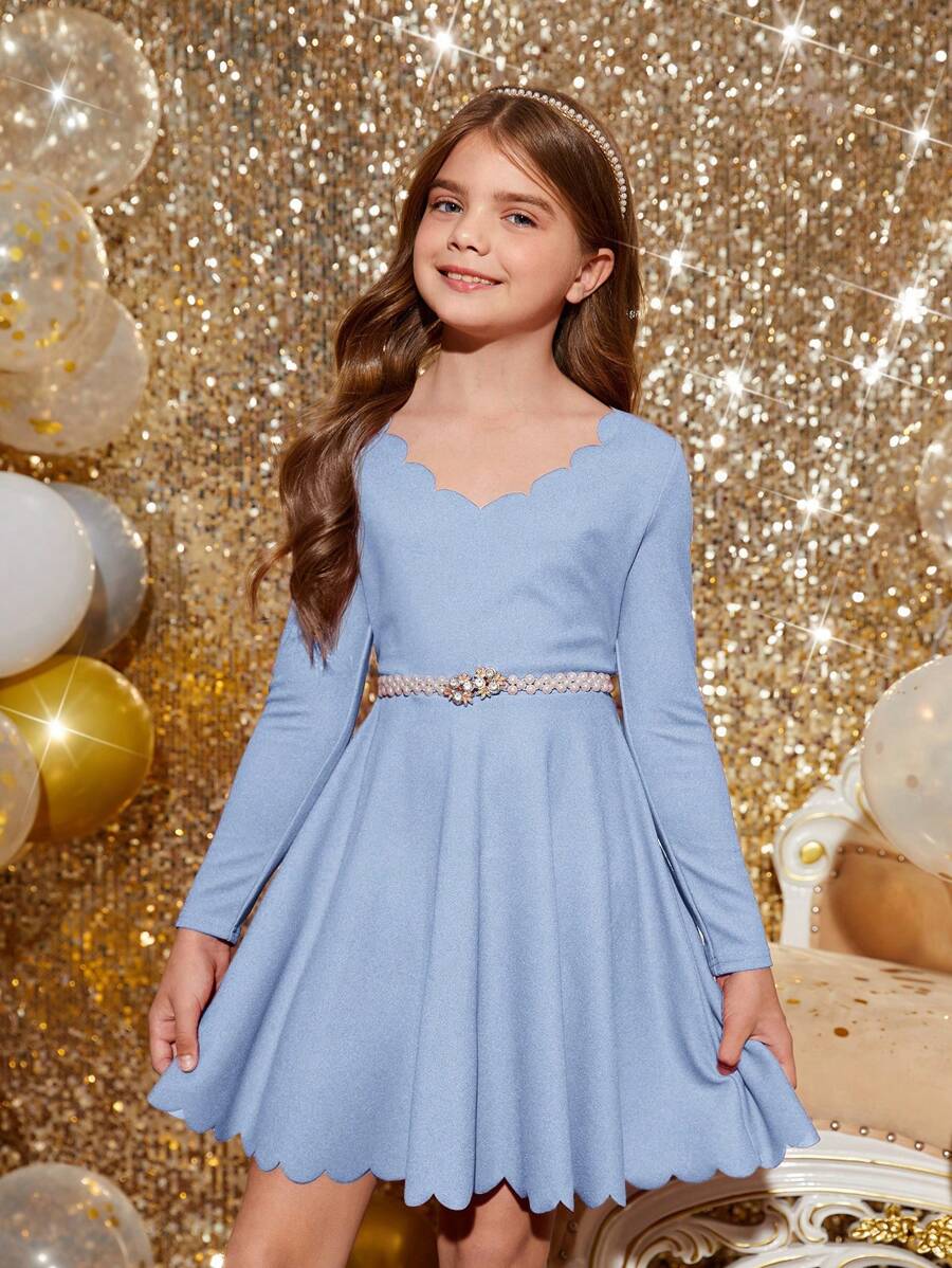 SHEIN Leap Crew Tween Girl Scallop Trim Dress Without Belt - Baby Blue - View 1