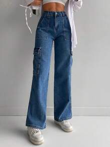 High Waist Flap Pocket Cargo Jeans - Blue - View 7