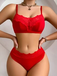 Women's Solid Color Splicing Lace Lingerie Set, Bra & Panty Set Bridallingerie - Red - View 4