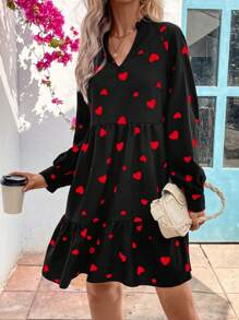 SHEIN LUNE Ladies Heart Pattern Doll Style Loose Dress Fall Cloth For Women - Black - View 1