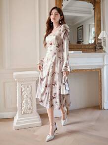 DAZY 蝴蝶图案喇叭袖连衣裙，荷叶边，秋季花卉连衣裙 - 杏色 - 查看 12