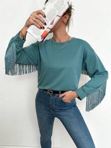 SHEIN Cottnline 女式純色流蘇修身掉肩運動衫 - 青碧色 - 查看 2