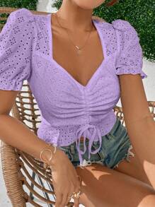 Breezaya Cổ Trái tim Ngắn tay Dây đeo thêu Quần skinny Áo thun - Màu tím - Xem 5