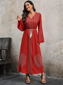 Modelyn 女式水鑽裝飾喇叭袖連身裙 - 橘色 - 查看 3