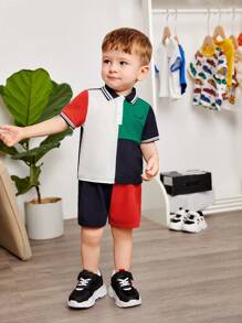 SHEIN Conjunto De Pantalones Cortos Informales Y Jersey Con Cuello Plano Y Bloques De Color Para Bebé Niño - Multicolor - Ver 3