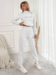 EURMUSE Women'S Slogan Printed Turtleneck Two-Piece Set - White - View 3