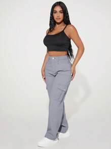 SHEIN PETITE Pantalones De Carga De Mezclilla De Color Sólido - Albaricoque - Ver 4