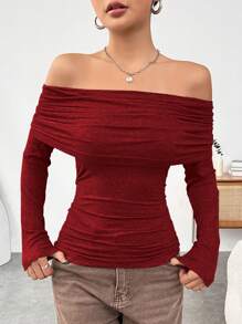 SHEIN EZwear Women's Solid Color Pleated Off Shoulder T-Shirt - Rose Red - View 4