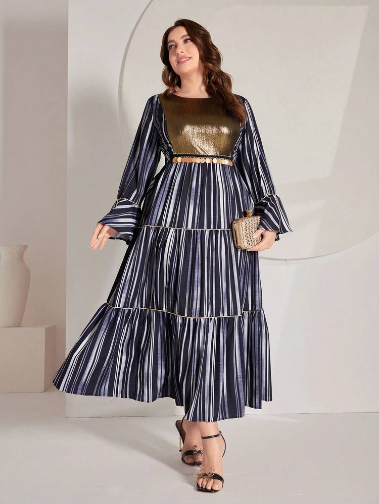 Plus Size Color Block Striped Dress With Metallic Panel And Flared Sleeves Kaftan Jalabiya Dress