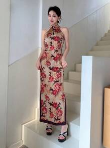 EastFlair Cải tiến Phong cách Trung Quốc Sườn xám Sườn xám Đầm Với Tương phản Màu sắc , Retro Phong cách quốc gia In Khe Đầm Đối với phụ nữ , Năm mới - Màu vàng - Xem 1