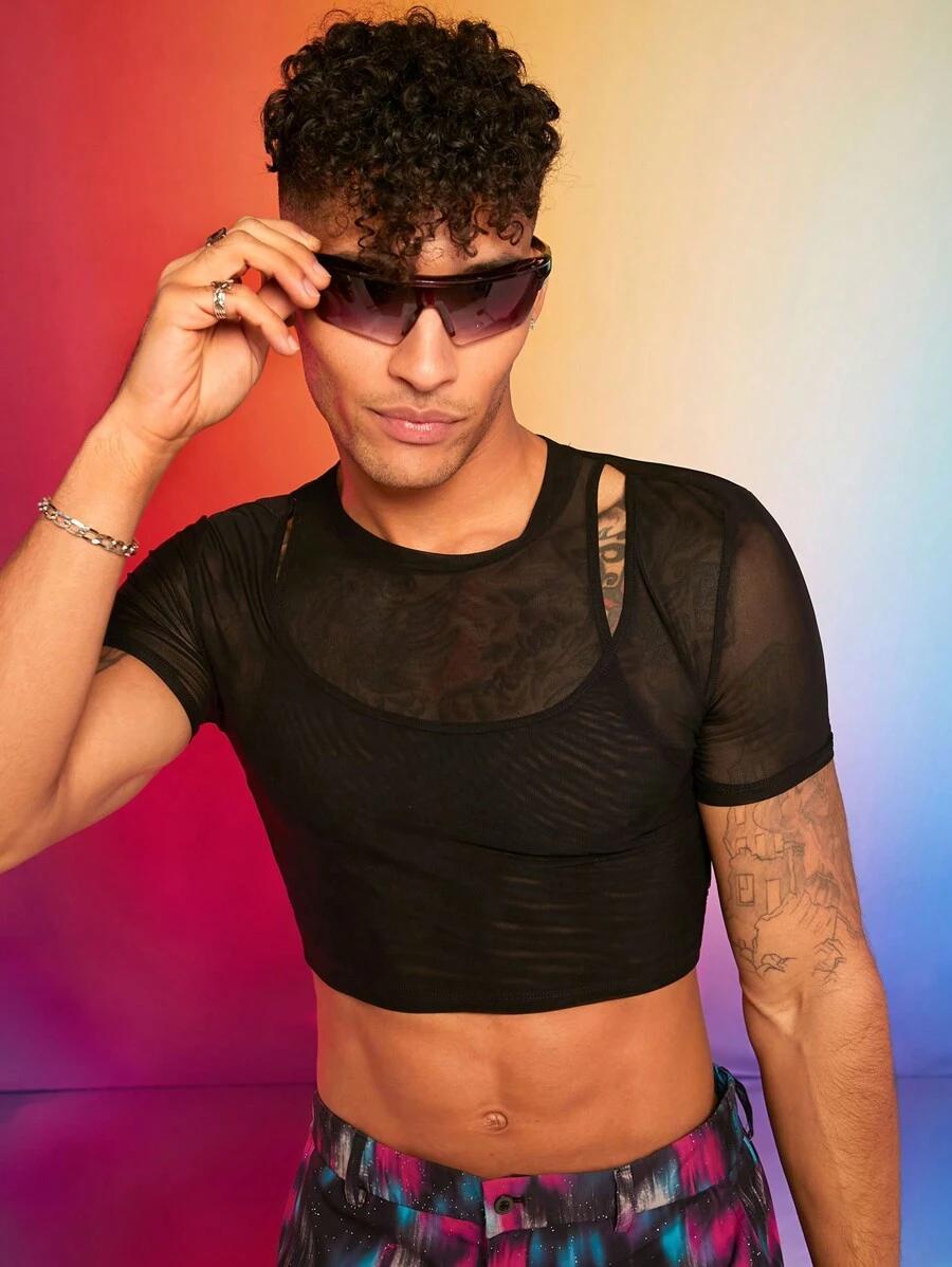 FeverCity Men'S Jersey Mesh Super Cropped T-Shirt - Black - View 1