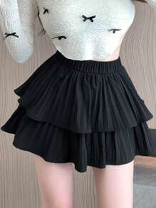 DAZY 女士纯色双层百褶裙、荷叶边秋季半身裙